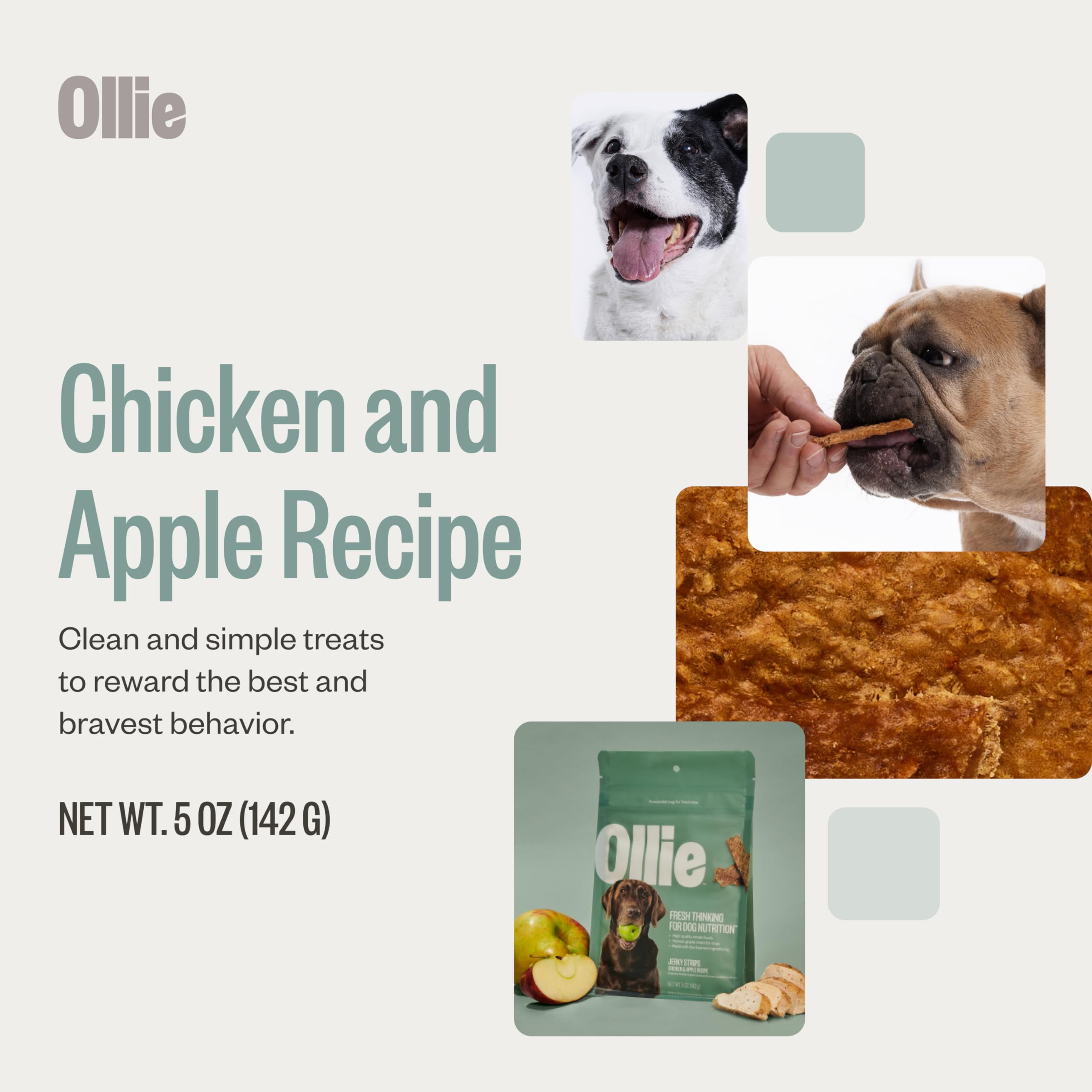Ollie Chicken and Apple Jerky Dog Treats, 5 oz Pack of 1, All Natural, Healthy Snacks, Made with Real Meat, Human Grade, for Dog